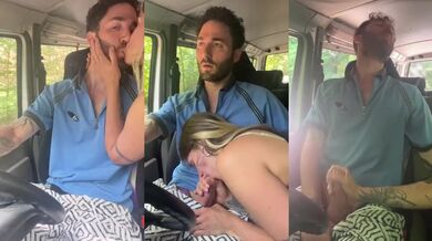 Blonde gets a huge load of cum in her mouth while squirted in public car