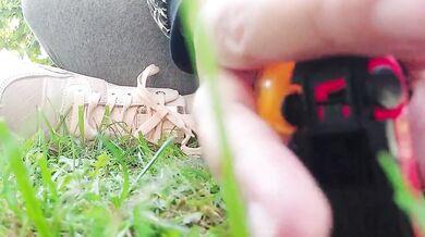 Giantess giant sweaty feet crushes toy cars into mash under her soles