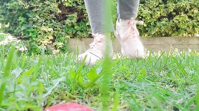 Giantess giant sweaty feet crushes toy cars into mash under her soles