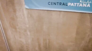 Teen alone squirts in public toilet tease