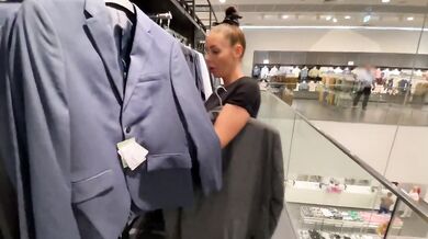 Sales Assistant blown in fitting room public blowjob cum on face