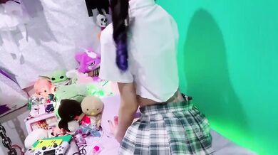 Secret schoolgirl masturbation gets juicy with her thick vibe while roommate watches