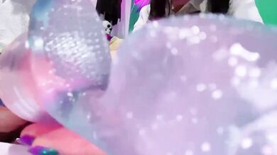 Secret schoolgirl masturbation gets juicy with her thick vibe while roommate watches