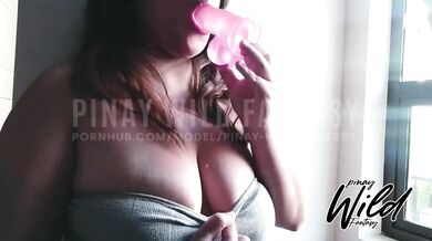 Pinay Wife Gets Sloppy With Huge Dildo In Front Of Window