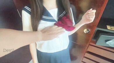 Japanese student begging for creampie orgasm gagging on thick cock