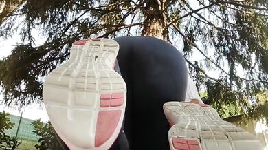 MILF squirts gushing orgasm in public outdoor yoga pants