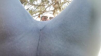 MILF squirts gushing orgasm in public outdoor yoga pants