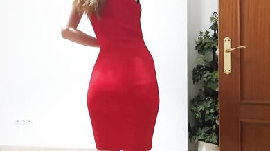 Strip in that tight red dress Mila Lewis flashing wet for you