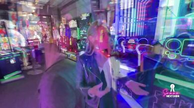 Tiny blonde girlfriend rides cowgirl at home after arcade foreplay