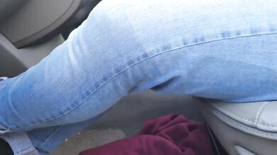 Alice’s blue jeans gush cum wetting in car