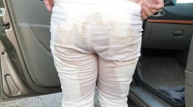 British blonde girl floods her jeans in the car desperate omorashi accident