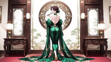 Emerald Glow Green halter gown tease kneeling boss lady