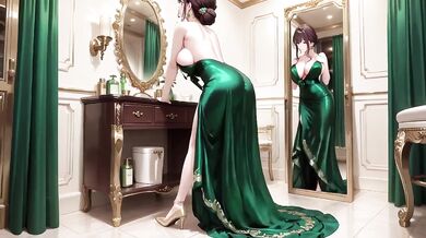 Emerald Glow Green halter gown tease kneeling boss lady