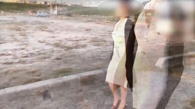 Giant tits MILF mom strolls bare under flimsy white dress no bra gotcha