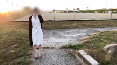 Giant tits MILF mom strolls bare under flimsy white dress no bra gotcha