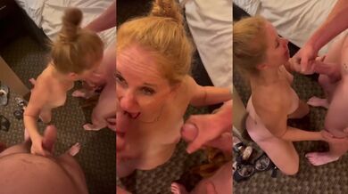 Wife gets face fucked by two dicks cum dripping from her mouth