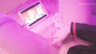 Kawaii girl drips squirts while watching lesbian hentai then pisses herself raw