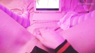 Kawaii girl drips squirts while watching lesbian hentai then pisses herself raw
