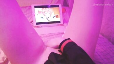 Kawaii girl drips squirts while watching lesbian hentai then pisses herself raw