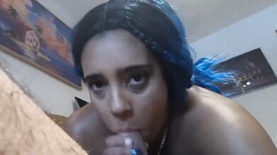 Sloppy blowjob from stepsister huge cumshot on face deep throat