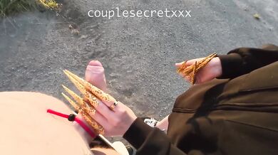 Risky handjob with gold nails and cock ring at abandoned airport almost caught