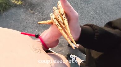 Risky handjob with gold nails and cock ring at abandoned airport almost caught