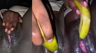 Stuffing banana on creamy tight pussy destroyed until cream drips
