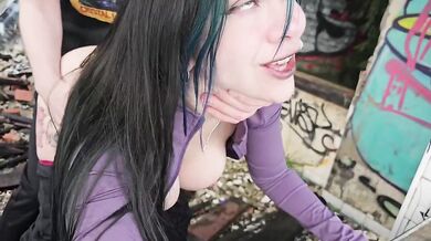 Big ass goth girl destroyed in public doggystyle cum dripping