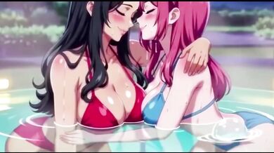 Two Lesbians soak and squirt playing in the bath anime hentai