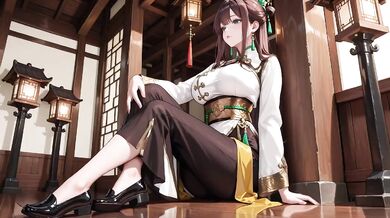 Eastern beauty kneels in black gold qipao the wooden corridor gaze dripping sunshine