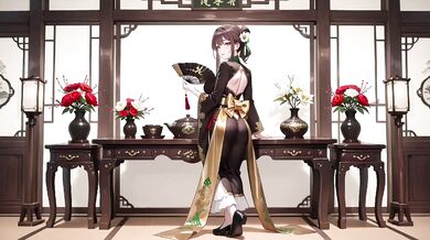 Eastern beauty kneels in black gold qipao the wooden corridor gaze dripping sunshine