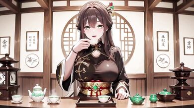 Eastern beauty kneels in black gold qipao the wooden corridor gaze dripping sunshine