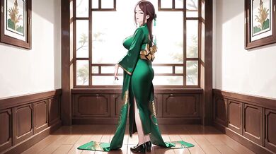 Eastern beauty kneels in black gold qipao the wooden corridor gaze dripping sunshine