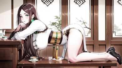 Eastern beauty kneels in black gold qipao the wooden corridor gaze dripping sunshine