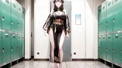Eastern beauty kneels in black gold qipao the wooden corridor gaze dripping sunshine