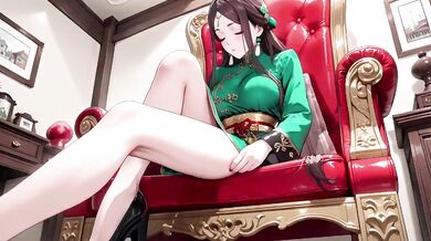 Eastern beauty kneels in black gold qipao the wooden corridor gaze dripping sunshine