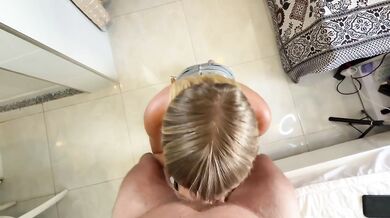 Blonde teen deep throats that monster cock while slurping on his balls