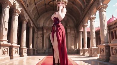 Roman queen in red armor teased cum on her stone corridor throne