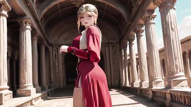 Roman queen in red armor teased cum on her stone corridor throne