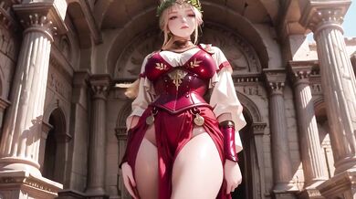 Roman queen in red armor teased cum on her stone corridor throne