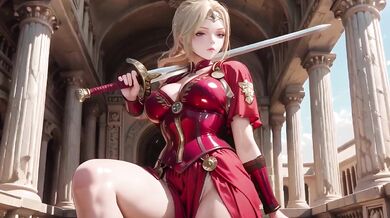 Roman queen in red armor teased cum on her stone corridor throne