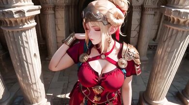 Roman queen in red armor teased cum on her stone corridor throne