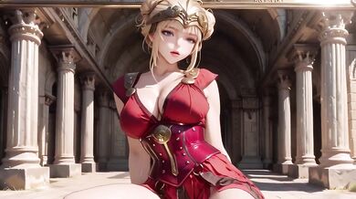 Roman queen in red armor teased cum on her stone corridor throne