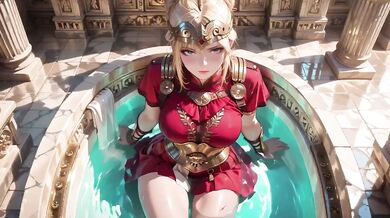 Roman queen in red armor teased cum on her stone corridor throne