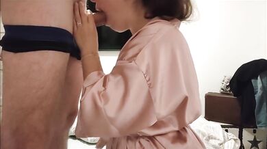 Brunette sloppy deepthroat face fucked in pink robe uncovered