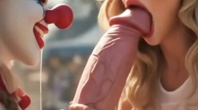AI Futanari clown ravages blonde lesbian with monstrous cock outdoors