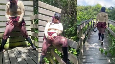 Hot MILF rides bike fingerfucks through fishnets while husband films her gushing pee