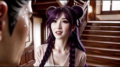 Purple-haired cutie deep throats until her pretty neck gushes cum