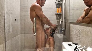 Best friend's wife destroyed in the shower cheating wife cumshot deep throat