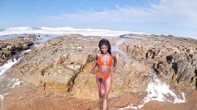 Ebony milf rides hung dick teasing while beach voyeurs watch